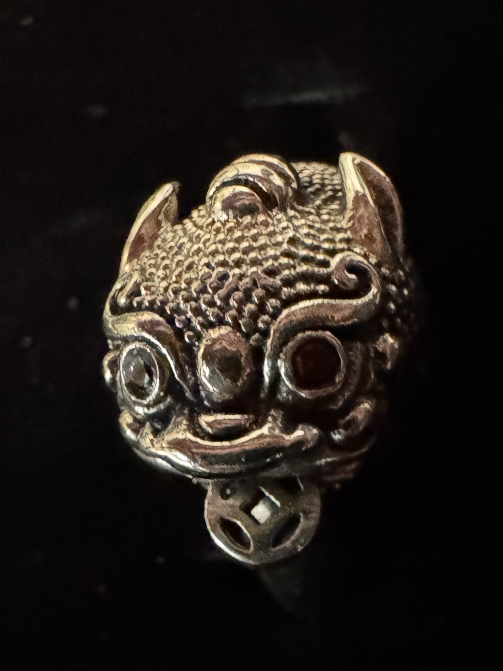 Sterling silver Chinese Foo‎ Dog Ring - with ruby eyes